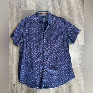Denim & Flower Navy Short-Sleeve Button-Down with Pink Floral Print